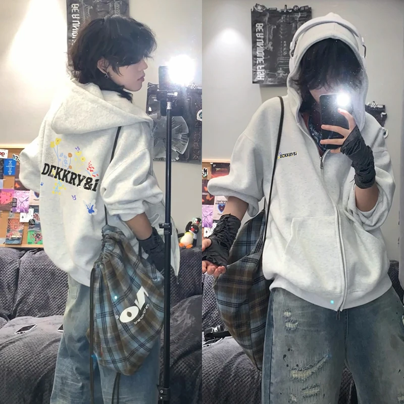 jtrt美式hiphop花卉字母连帽卫衣男女秋冬潮牌高级感宽松情侣外套