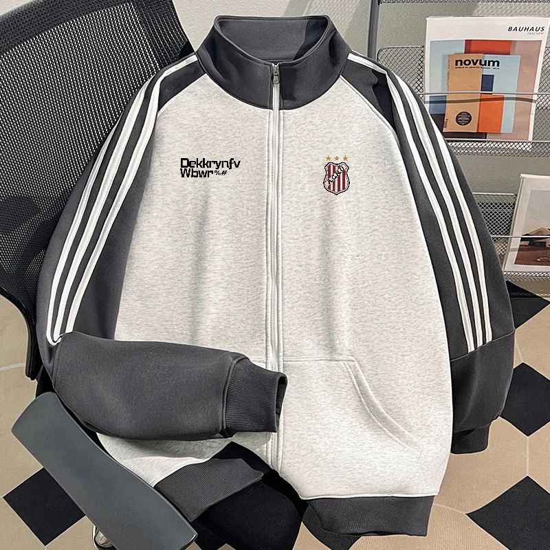 jtrt潮牌高街字母印花秋冬季宽松立领三条杠开衫男女休闲拉链外套