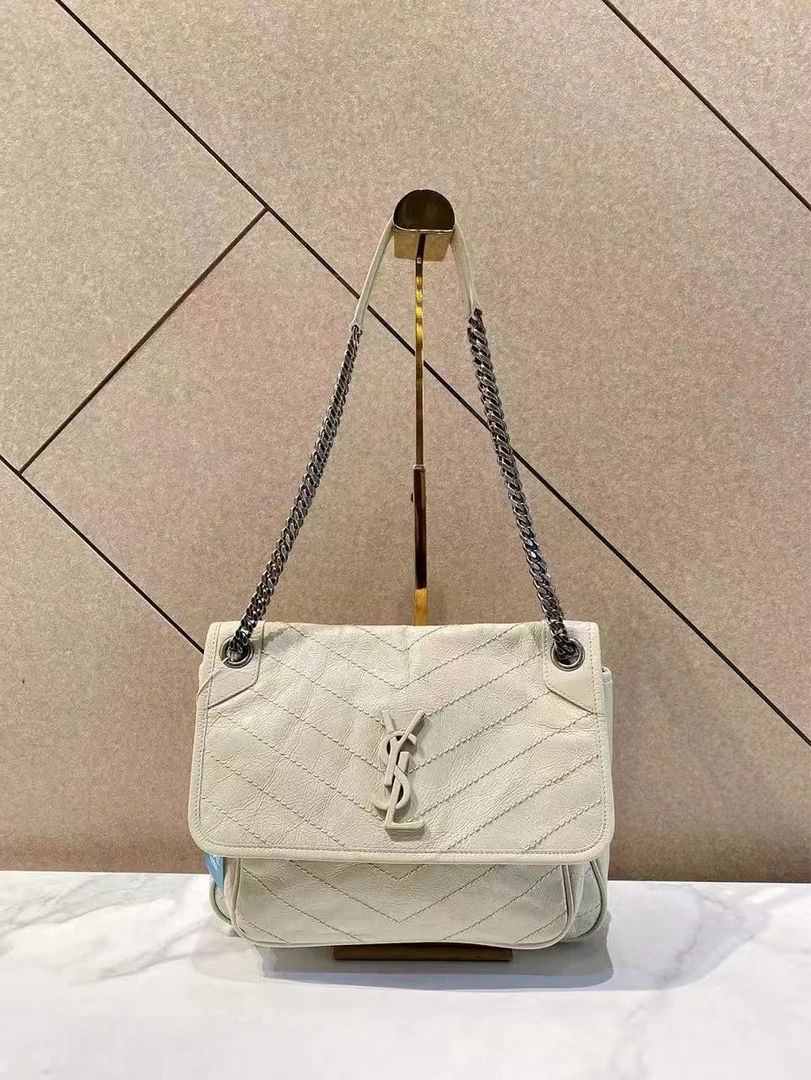 95新 YSL/圣罗兰 帝爵奢品YSL白色油蜡皮niki链条包