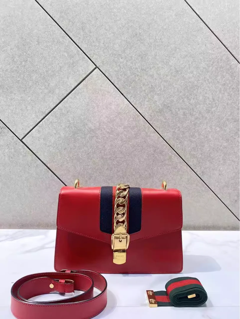 95新 GUCCI/古驰 帝爵奢品Gucci红色sylvie丝带包
