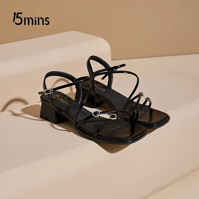 15mins夏季新款绑带罗马鞋粗跟一字带配裙子外穿方头法式凉鞋