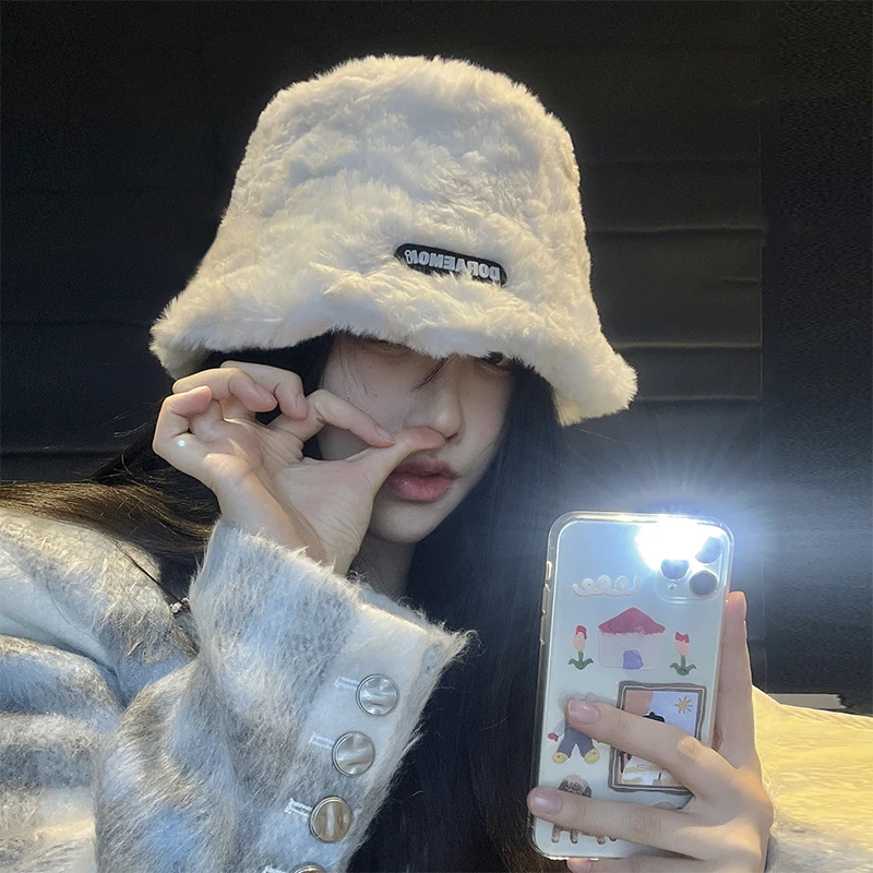 软糯加绒帽显脸小帽子冬女毛绒渔夫帽韩百搭加厚保暖日系水桶帽
