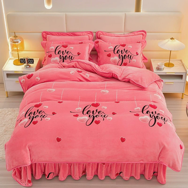 秋冬新款加厚牛奶绒四件套床裙保暖加绒被罩双面绒被套床单床上用