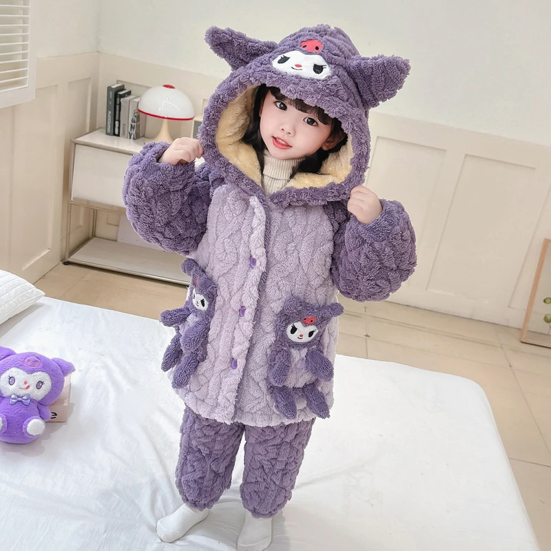 儿童睡衣女童冬季三层夹棉睡袍女孩大童加绒加厚珊瑚绒家居服套装