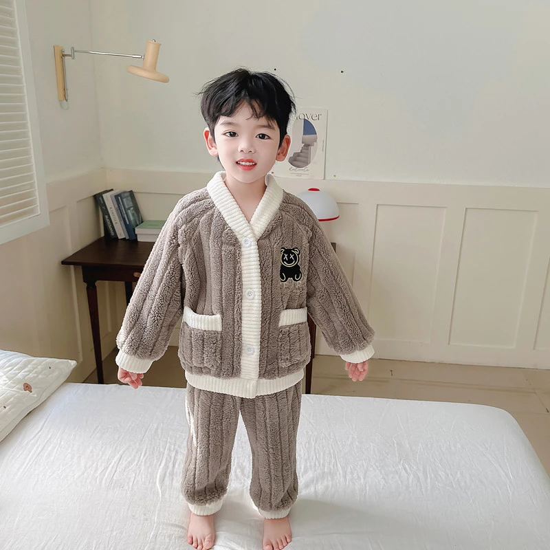 儿童睡衣秋冬款法兰绒宝宝加厚开衫男孩男童珊瑚绒家居服卡通套装
