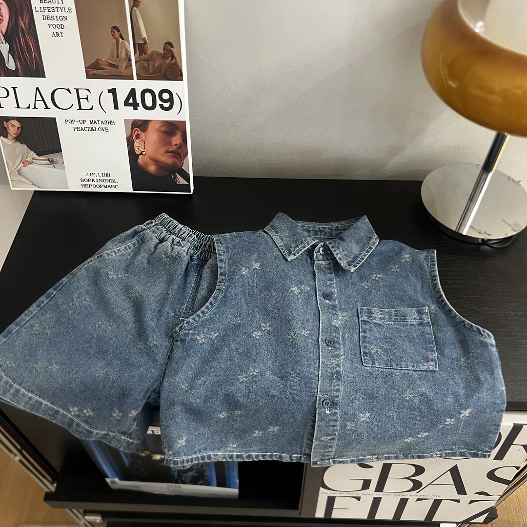 【刺绣牛仔】2024夏季儿童港风韩版宽松纯色潮流牛仔短裤套装印花