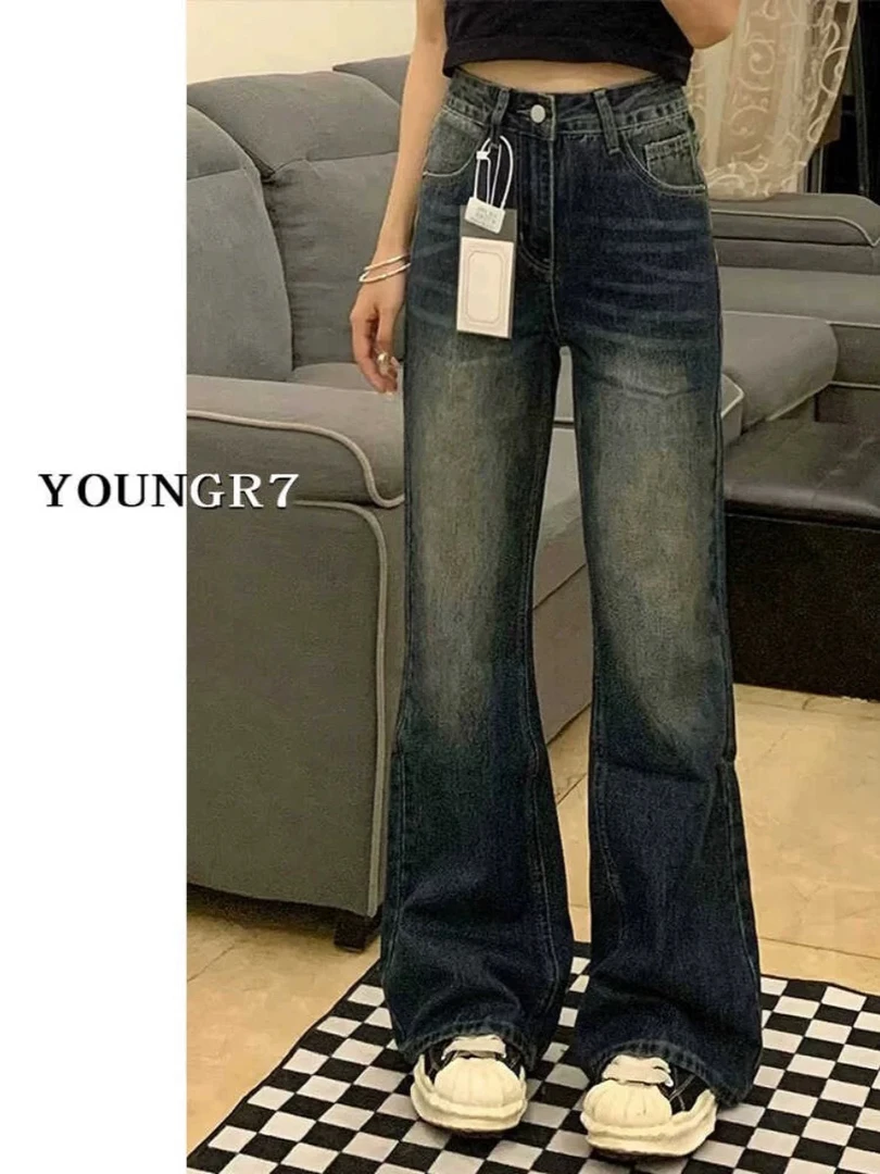 梨形身材大码微喇牛仔裤子女春秋新款胖mm高腰宽松显瘦遮胯直筒裤