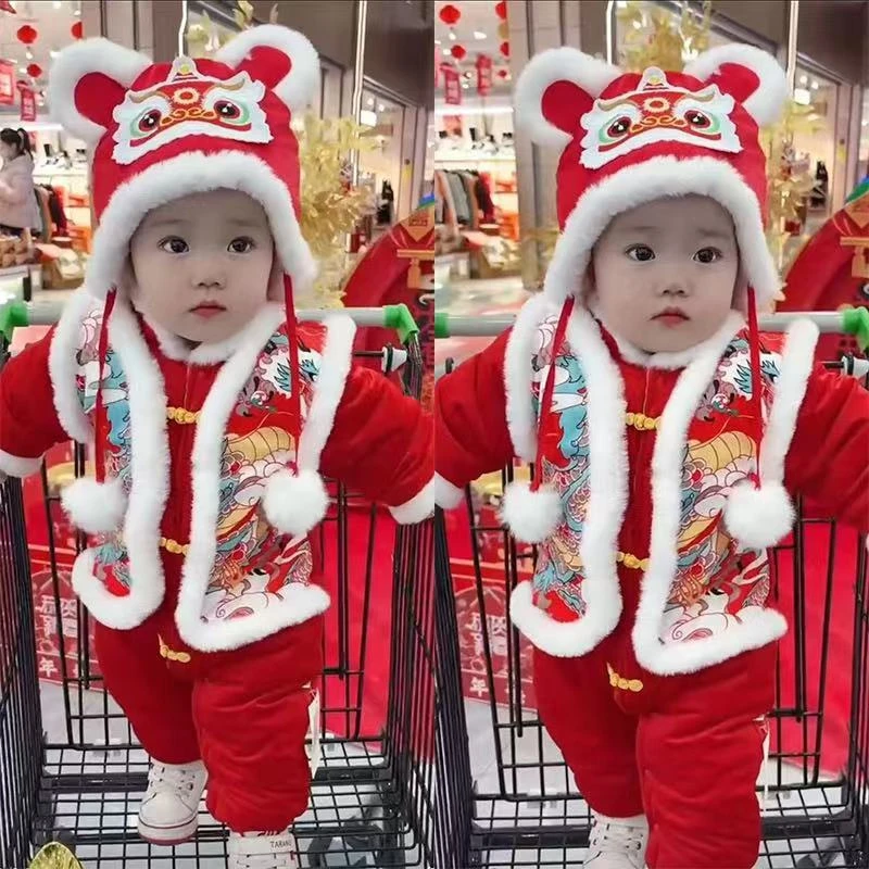 龙图腾婴儿拜年龙年衣服加厚男女冬装宝宝连体衣过年新年服+帽子