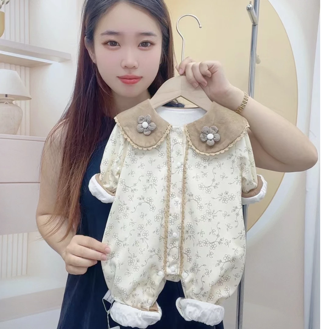 奶咖小花连体哈衣爬服满月百天周岁婴儿宝宝婴幼儿双层春秋女宝！！
