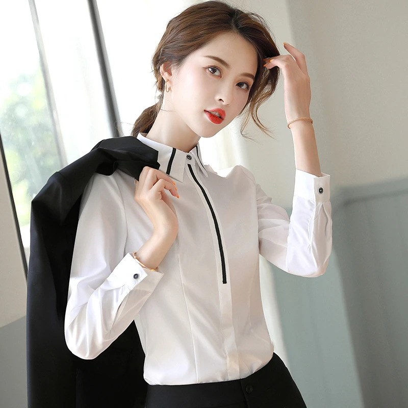 白色衬衫女长袖修身上衣职业正装春季时尚气质翻领衬衣职场工作服