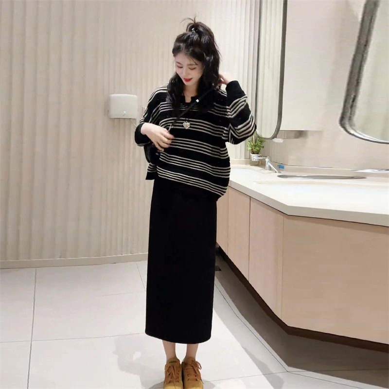 气质百搭条纹针织衫半身裙套装女2025春季新款宽松减龄小众两件套