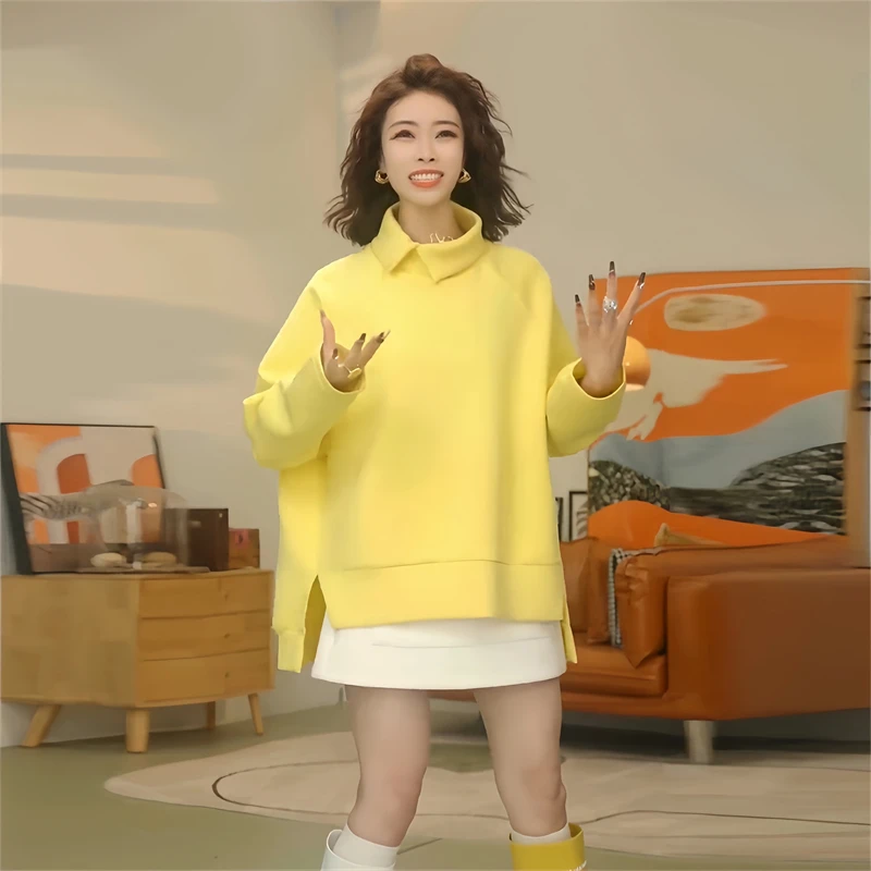 韩版立领设计下摆开叉卫衣女2025春季新款纯色时尚气质百搭上衣潮