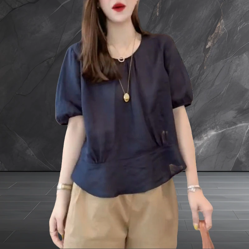 韩版宽松显瘦时髦短袖衬衫女2025夏季新款纯色后排扣设计感衬衣潮