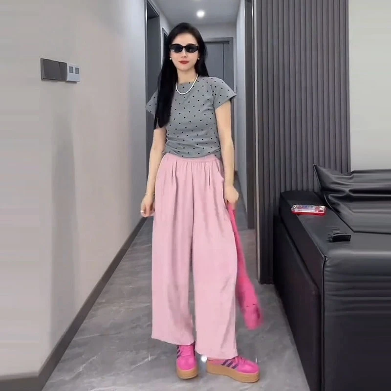 2025夏季新款波点短袖t恤上衣时尚阔腿裤直筒裤女装遮肉减龄套装
