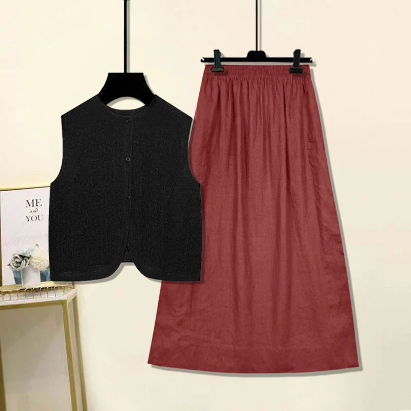 无袖夏季女装时尚套装2025年甜美设计感韩版上衣气质半身裙两件套