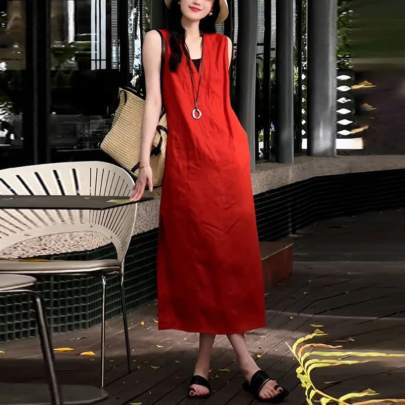 新款背心复古无袖连衣裙女装2024夏季v领开叉设计宽松高级感长裙