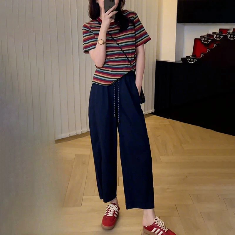 夏季2025年流行套装女条纹显瘦短袖时尚宽松上衣休闲直筒裤两件套