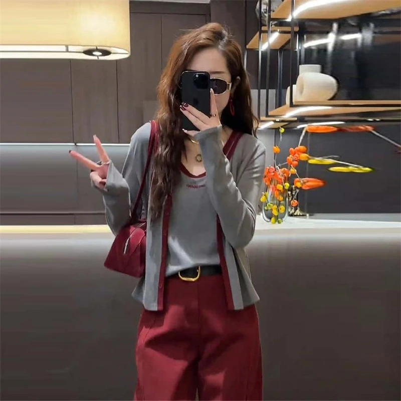 复古百搭通勤修身套装女2025春季新款时尚吊带背心长袖开衫两件套