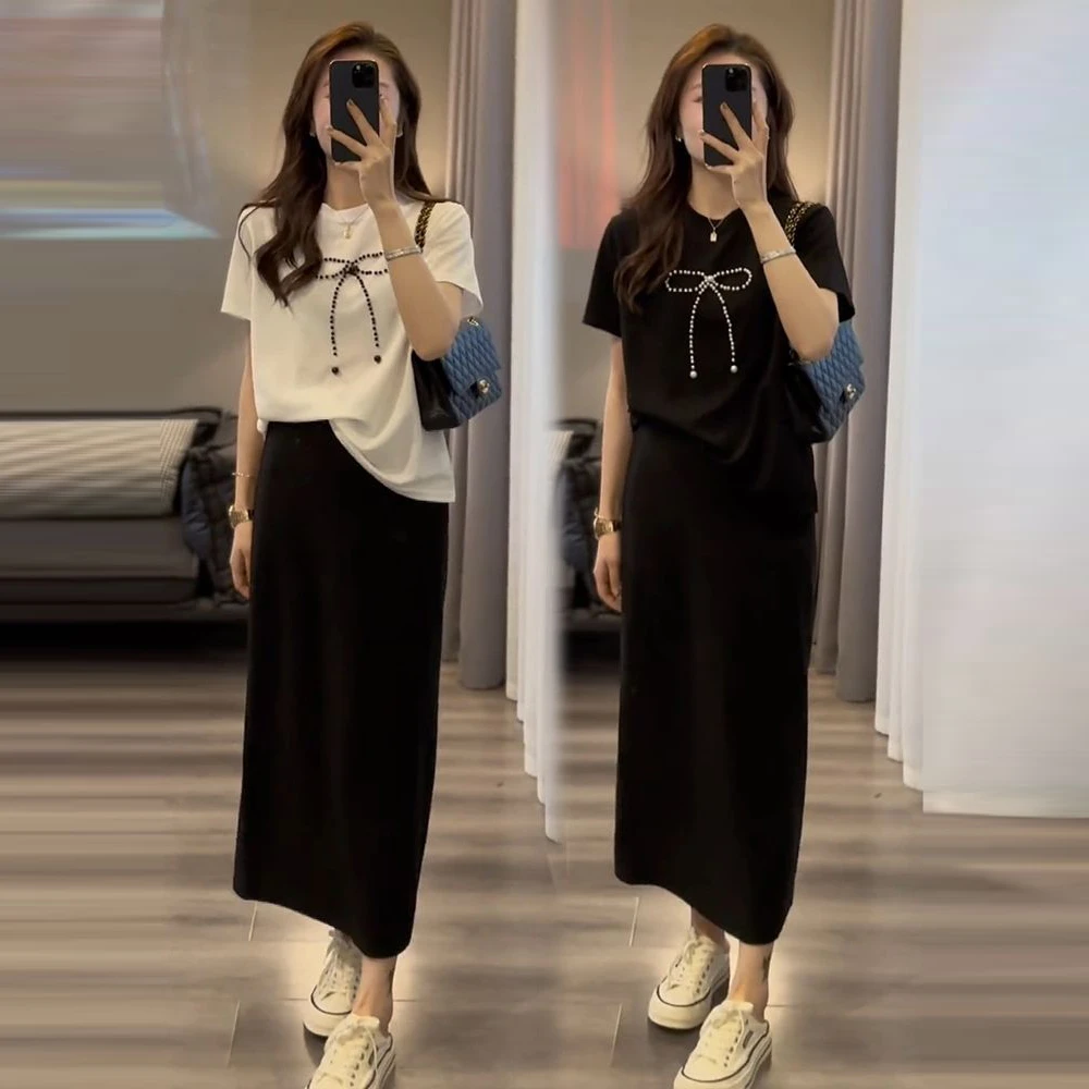 2025年夏季新款韩版蝴蝶结减龄百搭短袖T恤遮肉直筒半身裙女套装