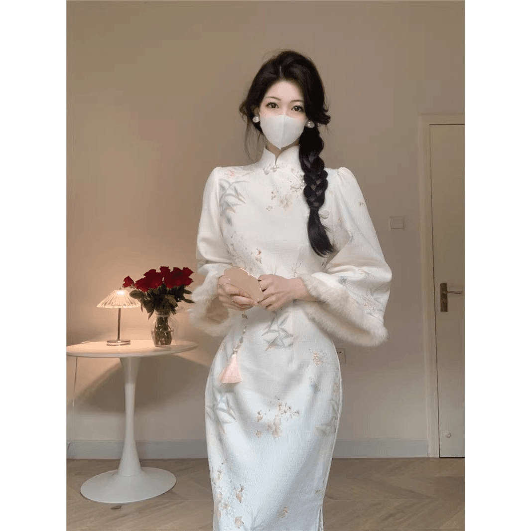 国风新中式女装改良旗袍连衣裙高级感加绒气质长裙子秋冬2024新款