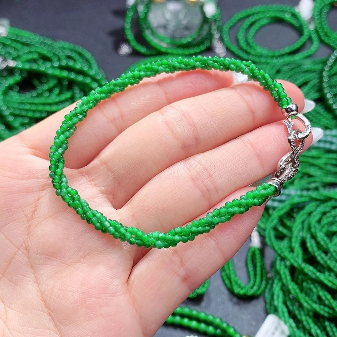 终身保A天然翡翠冰种辣阳绿色麻花3股手链卡2.2mm约20cmA货