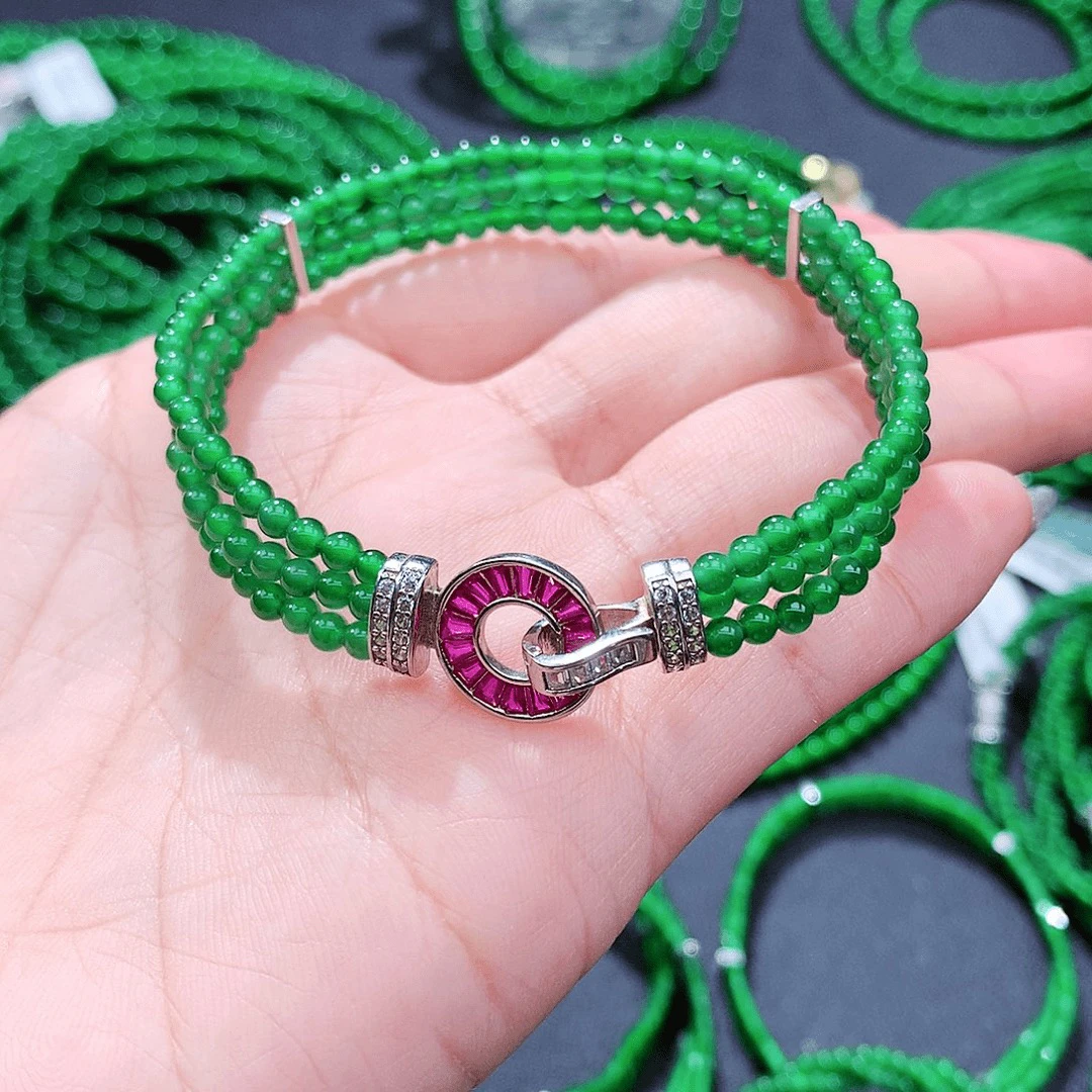 终身保A天然翡翠冰种辣阳绿色3排设计款手链卡3mm手围16～18cmA货