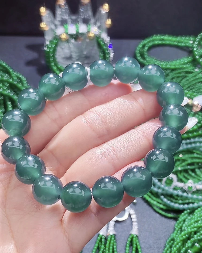终身保A天然翡翠满色冰种海蓝之谜钢板圆珠手串弹力卡12+mm约20cm