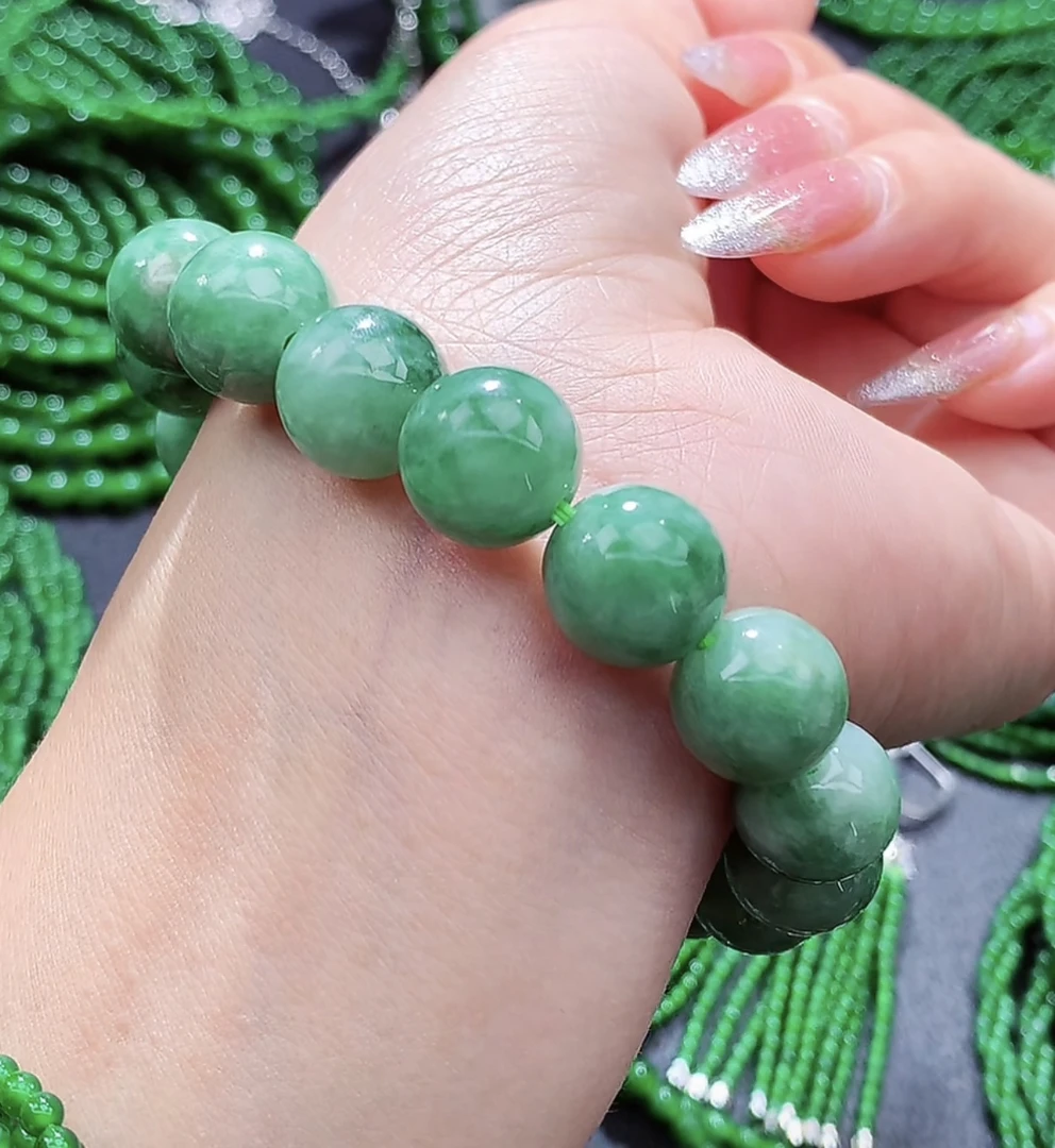 终身保A天然翡翠冰糯种水果绿满色糯冰飘绿珠项链手链卡12.5mmA货