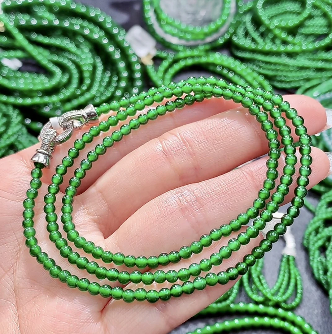 终身保A天然翡翠正冰冰种帝王绿色圆珠项链手链卡3mm约56cm