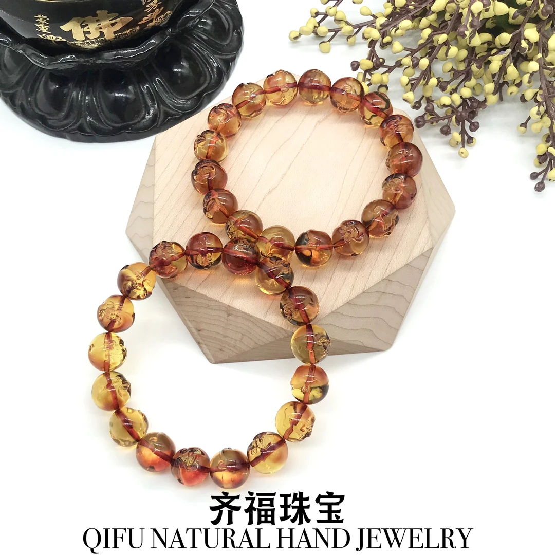【齐福珠宝】XQ001/12mm天然琥珀红蓝佛头手串（多样性发其一)