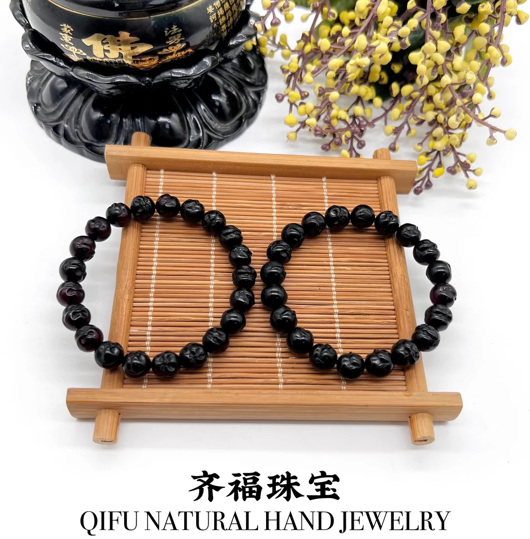 【齐福珠宝】XQ0661/8-9mm天然缅甸血翳珀佛头手串（多样性发其一)