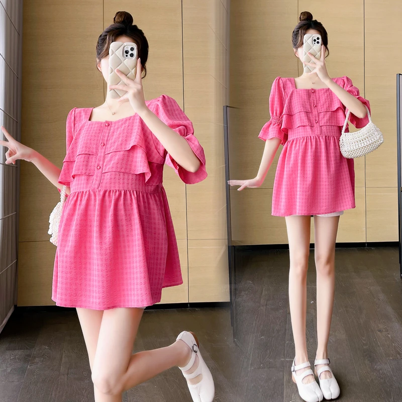 孕妇装新款时尚玫红色荷叶边喇叭袖娃娃衫洋气减龄外穿衬衫上衣夏