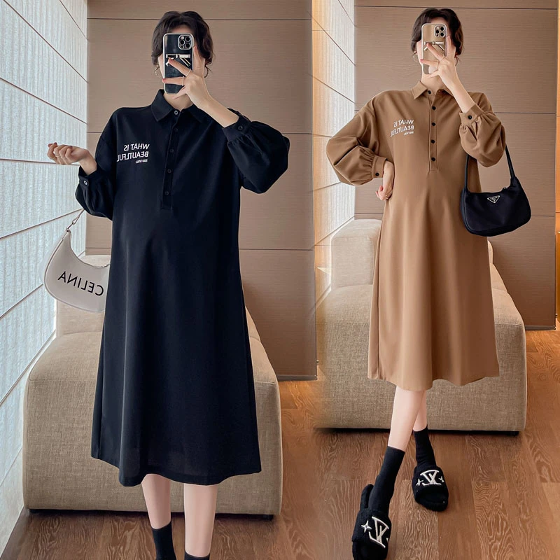 【秋款上新】孕妇裙长款过膝连衣裙宽松大码刺绣POLO领T恤裙衬衫裙