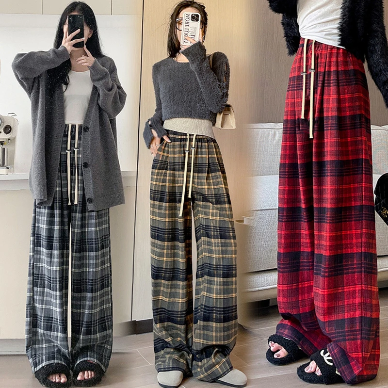 无托腹孕妇格子阔腿裤春秋2024新款加绒加厚外穿休闲直筒拖地长裤