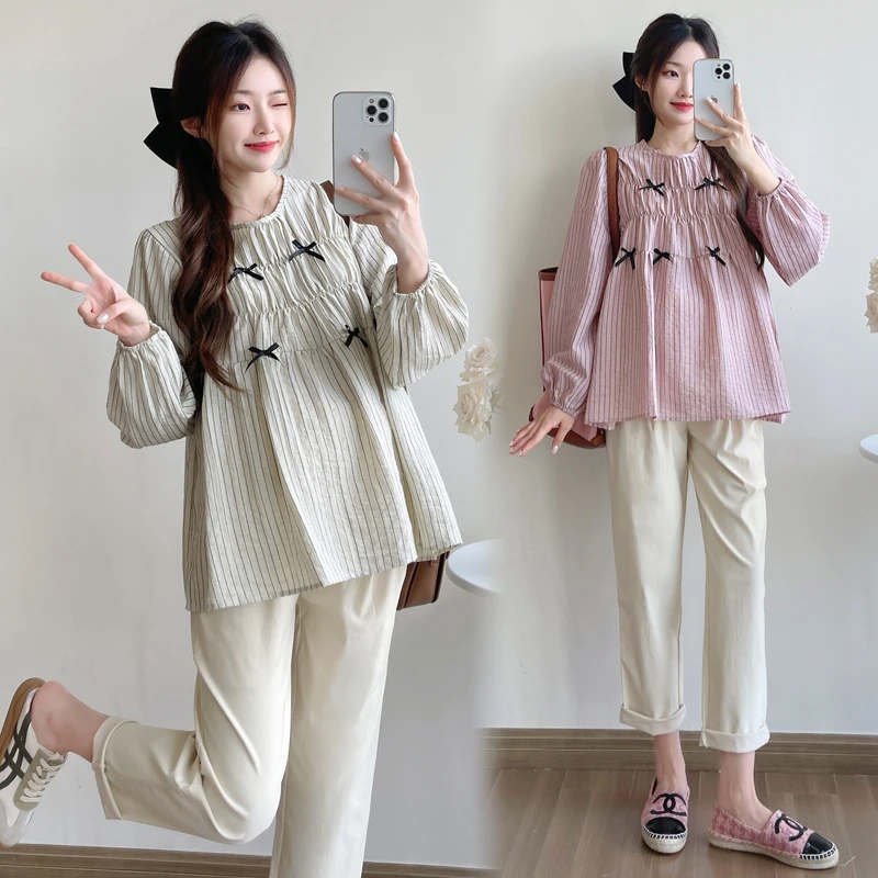 【秋季上新】孕妇装小清新韩版高腰遮肚子长袖褶皱蝴蝶结娃娃衫上衣