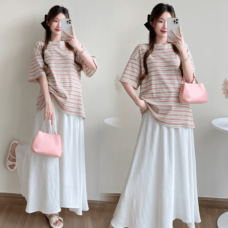 田园风小清新孕妇套装夏季新款彩色条纹T恤+无托腹半身裙两件套装