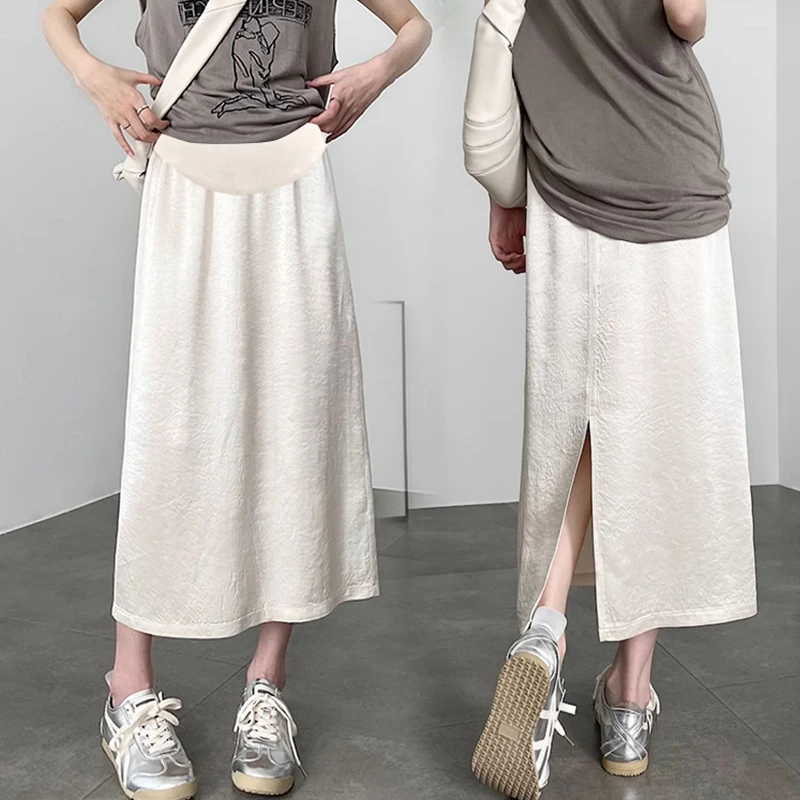 【直筒中长裙】新中式流光醋酸缎面孕妇半身裙夏季新款薄款后开叉裙