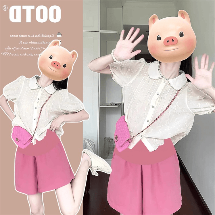 甜美风孕妇套装夏装新款减龄刺绣泡泡袖娃娃衫+托腹短裤两件套装