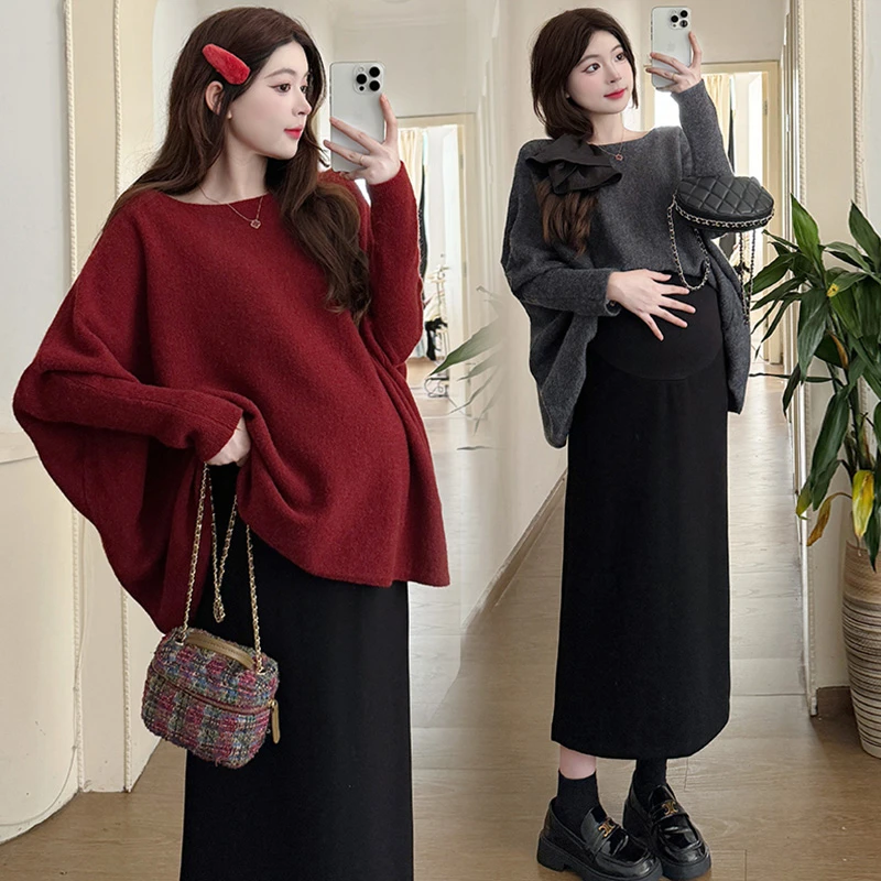 【秋冬氛围感穿搭】 孕妇套装宽松慵懒风露肩毛衣+半身裙两件套装