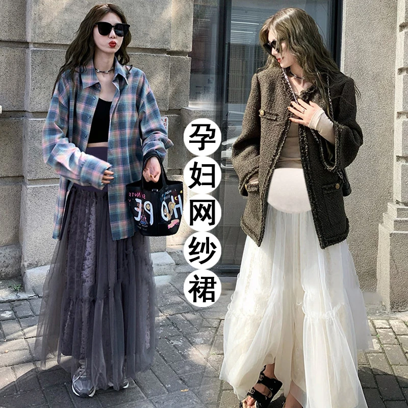孕妇装重工高级感半身裙子新款网纱蓬蓬裙小个子高腰显瘦A字长裙