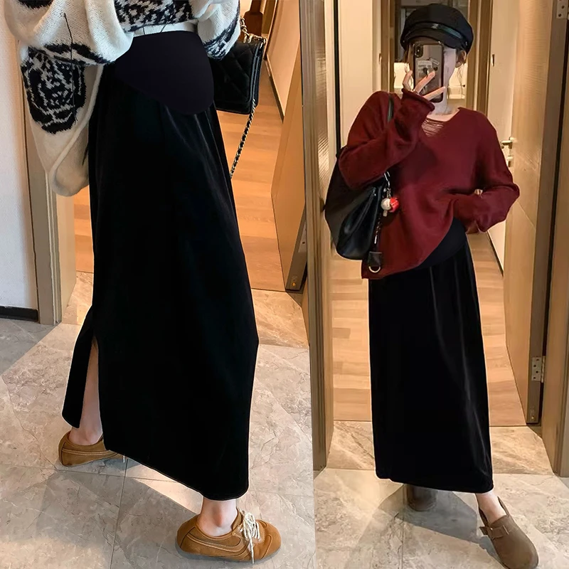 【95裙长】【后开×丝绒a字裙】【两个长度】孕妇半身裙复古宽松加长长裙