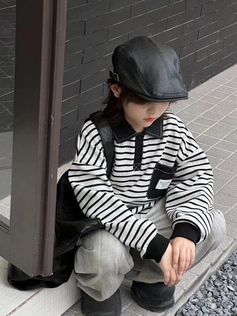 男童加绒条纹卫衣儿童加厚立领保暖上衣冬季新款