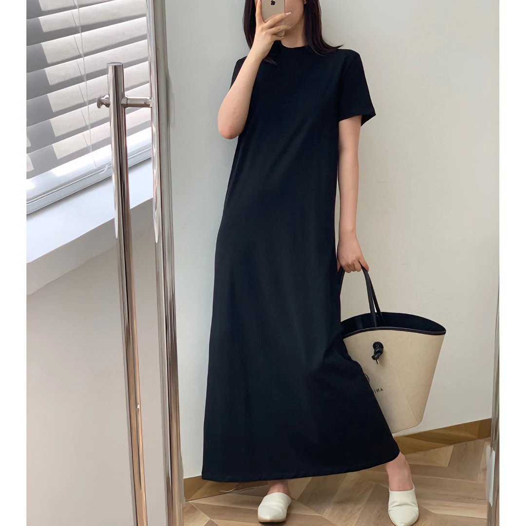 H.Chen-极简显瘦细滑筋骨高支棉 小圆领T恤短袖连衣裙