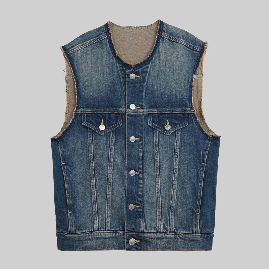 H.Chen-土耳其进口长绒棉解构感立裁做旧脏染背心无领牛仔马甲