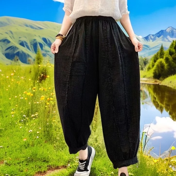 文艺复古婴儿棉双纱麻休闲裤女宽松大码松紧高腰显瘦萝卜哈伦裤