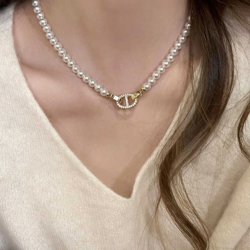 吊坠925银陶瓷 猪鼻子珍珠项链2024新款爆款轻奢小众锁骨链女高级