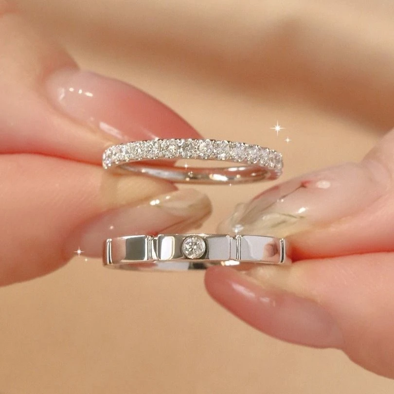 莫桑钻戒指方糖满钻情侣排戒小众高级感ins风求婚对戒送女友礼物
