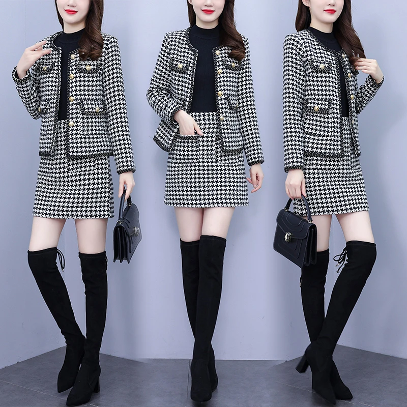 时尚炸街气质妈妈装2024新款小个子名媛千鸟格小香风裙子套装洋气