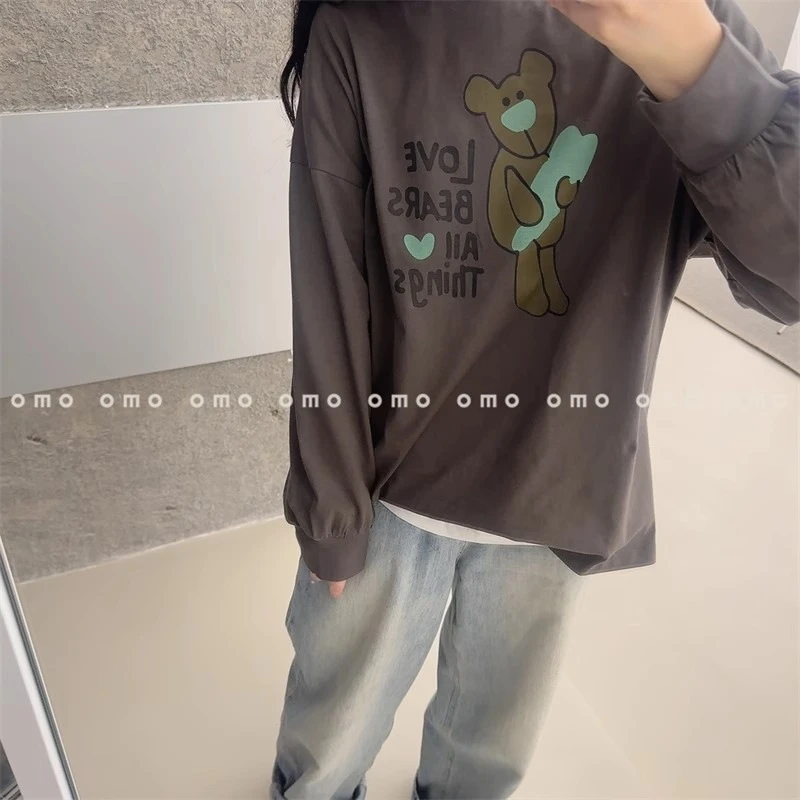 韩国东大门代购 新款可爱小熊字母印花宽松休闲百搭长袖T恤