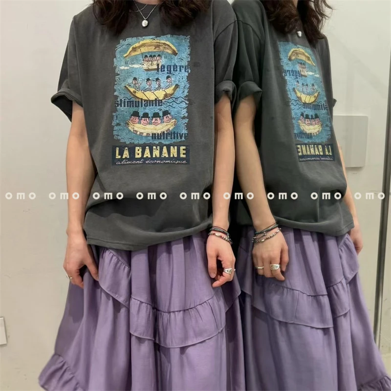 韩代 秋季百搭宽松香蕉船划船卡通印花短袖T恤女